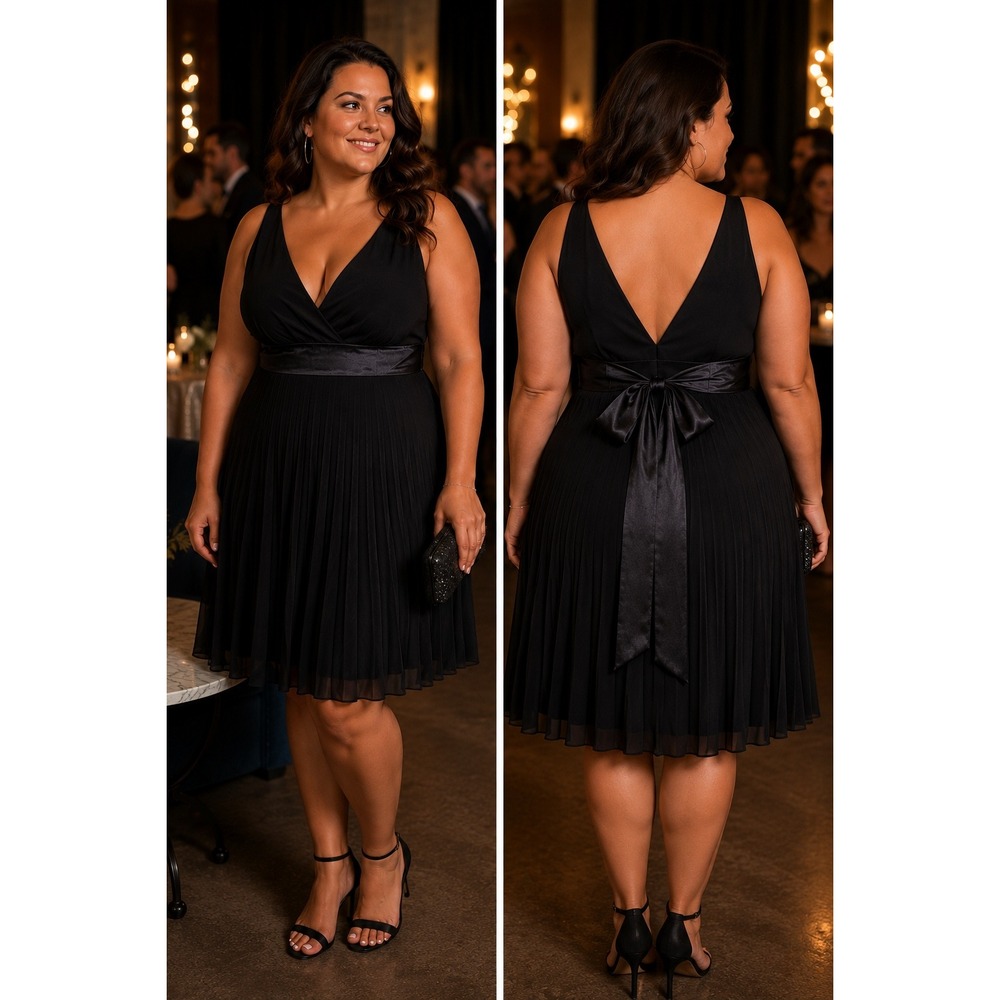 Taboo Womens Midi Dress 3XL Black V-Neck Pleated Satin Tie Cocktail USA Made LBD